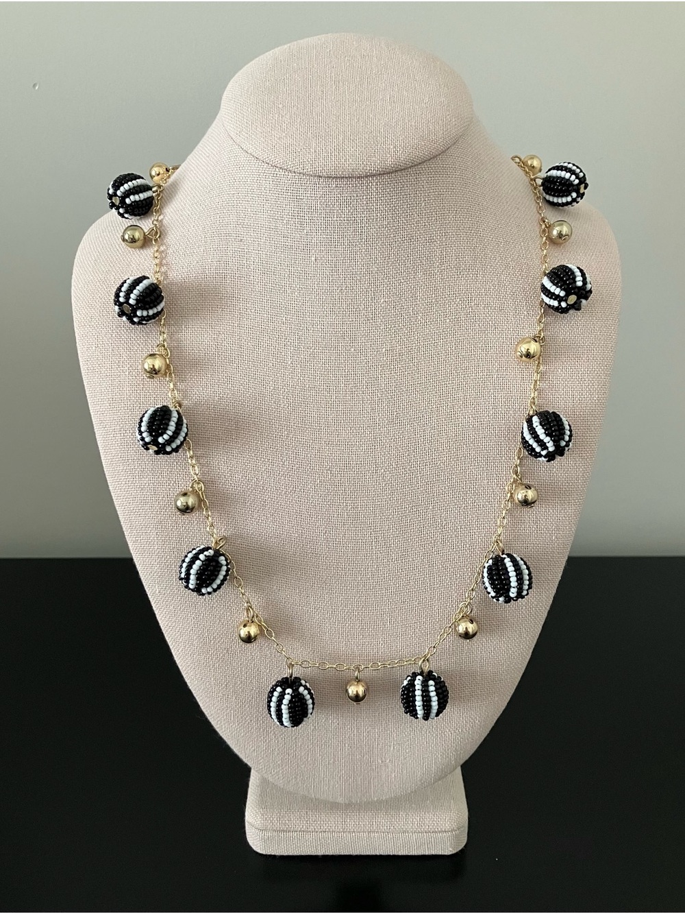 Talbots Gold-Tone Chain Necklace with Black & White Beaded Spheres